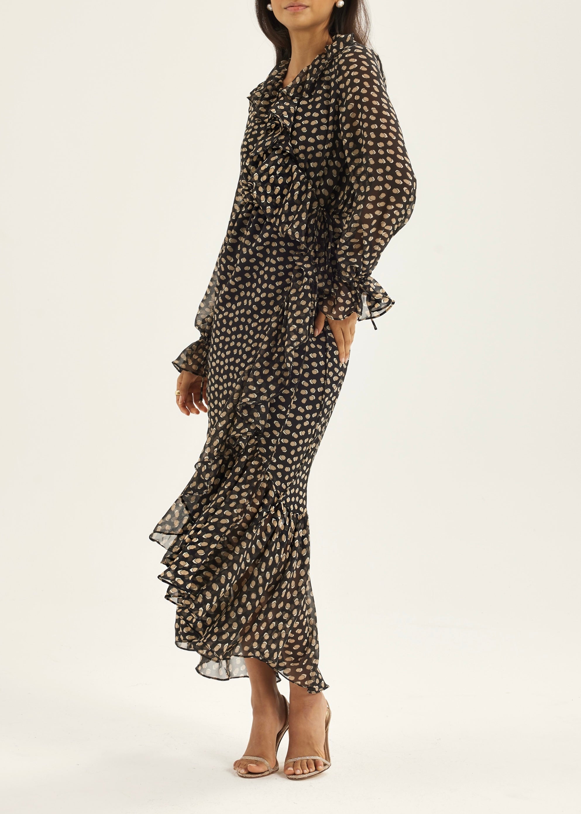 Meryl Tie Wrap Printed Maxi Dress | Black/Brown
