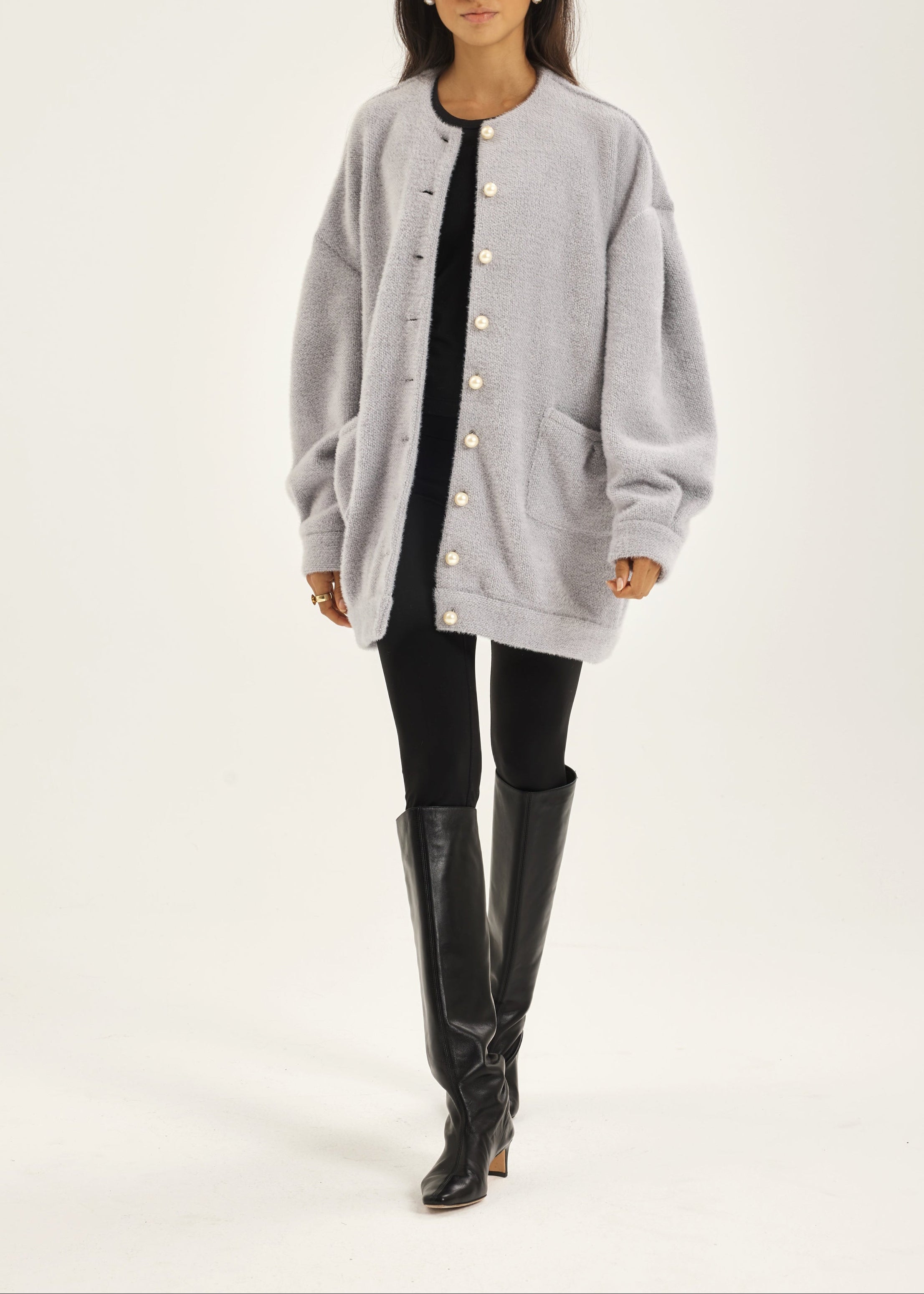 Corrine Pearl Button Cardigan Coat | Grey