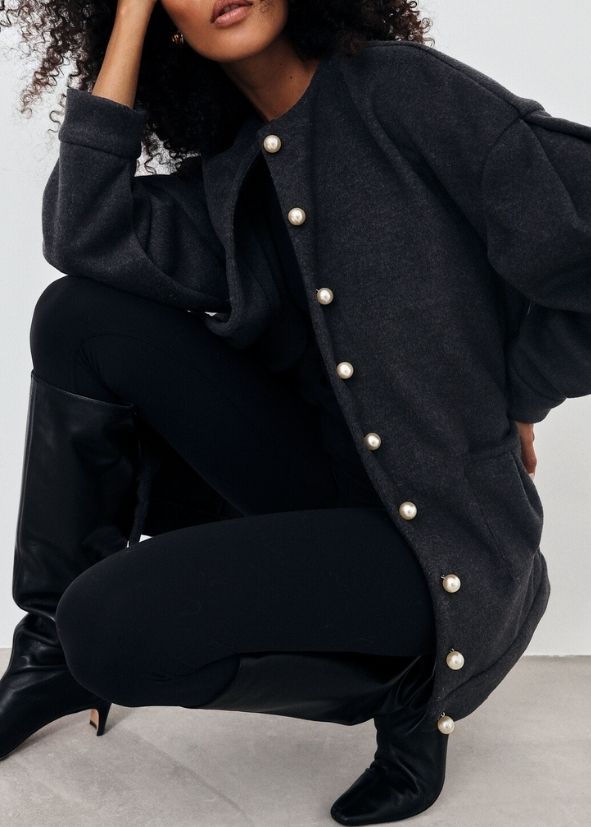 Corrine Pearl Button Cardigan Coat | Charcoal