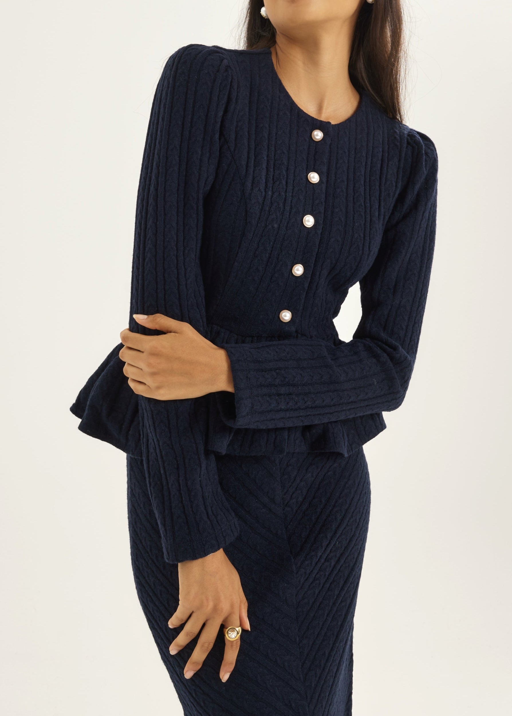 Daria Cable Knit Peplum Cardigan | Navy