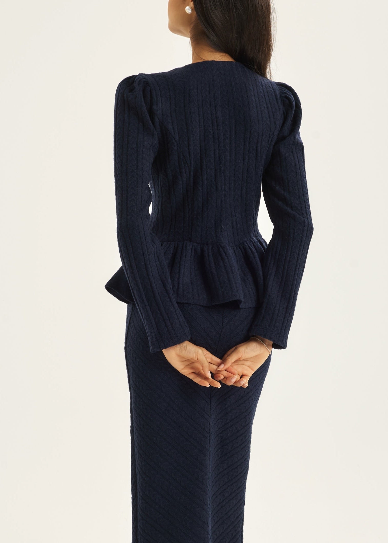 Daria Cable Knit Peplum Cardigan | Navy