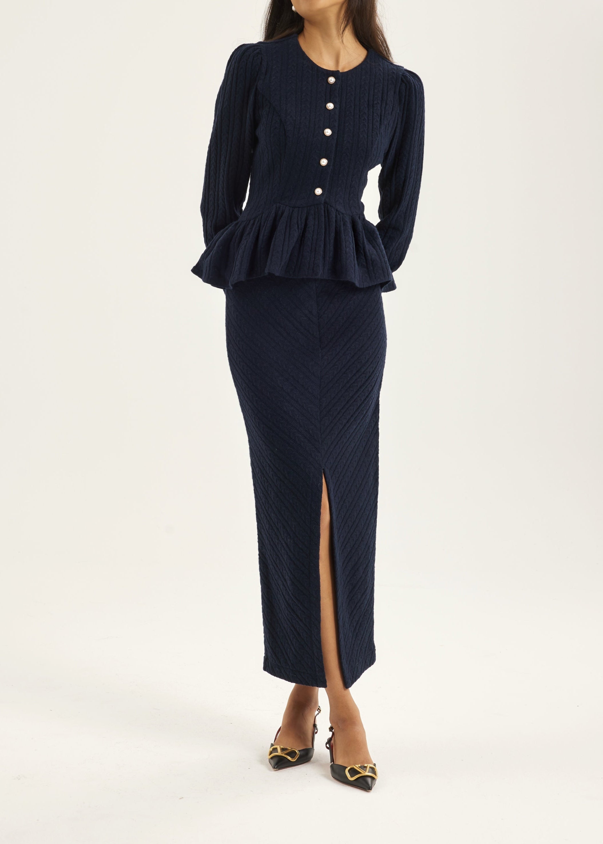 Daria Cable Knit Peplum Cardigan | Navy