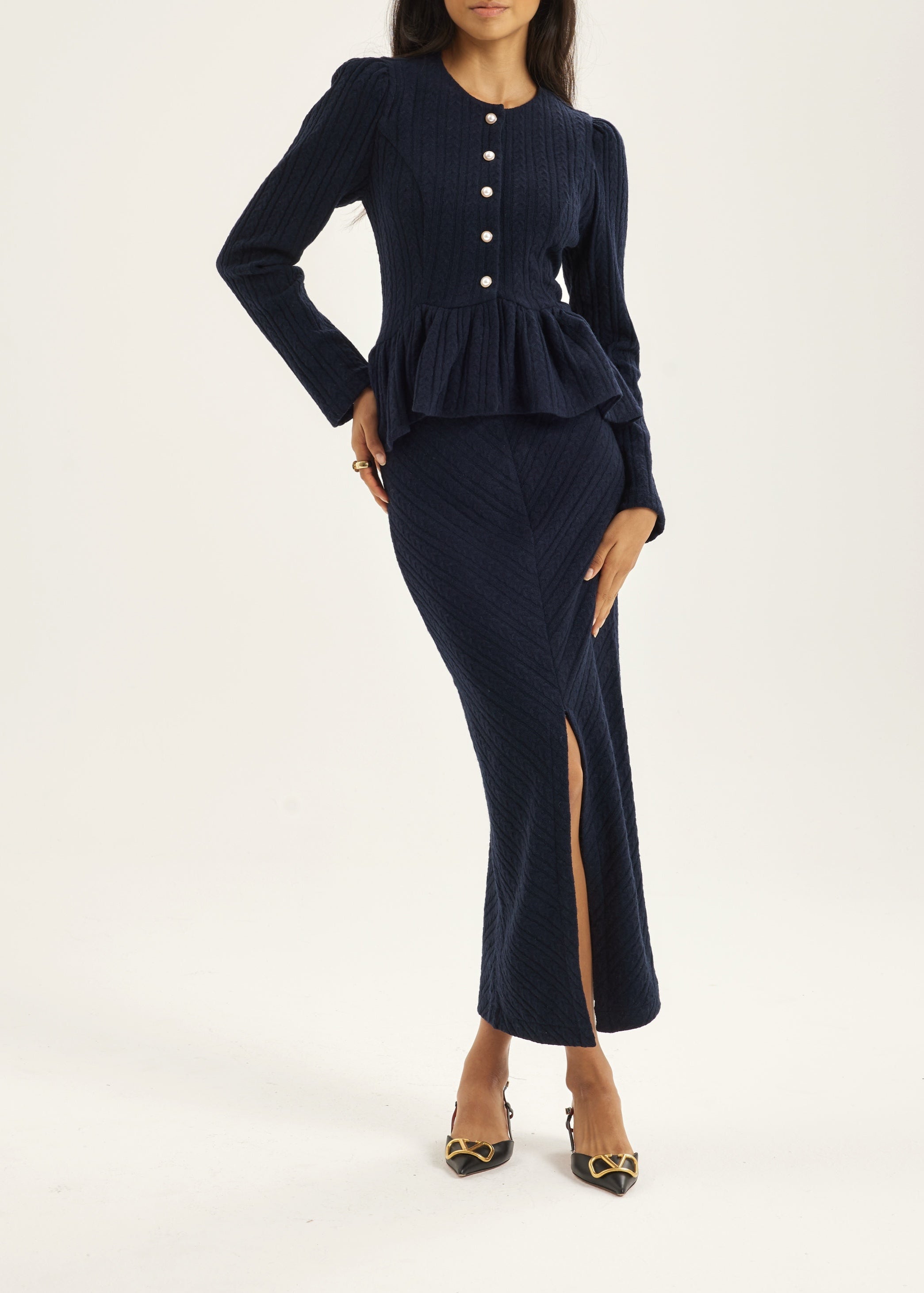 Daria Cable Knit Peplum Cardigan | Navy