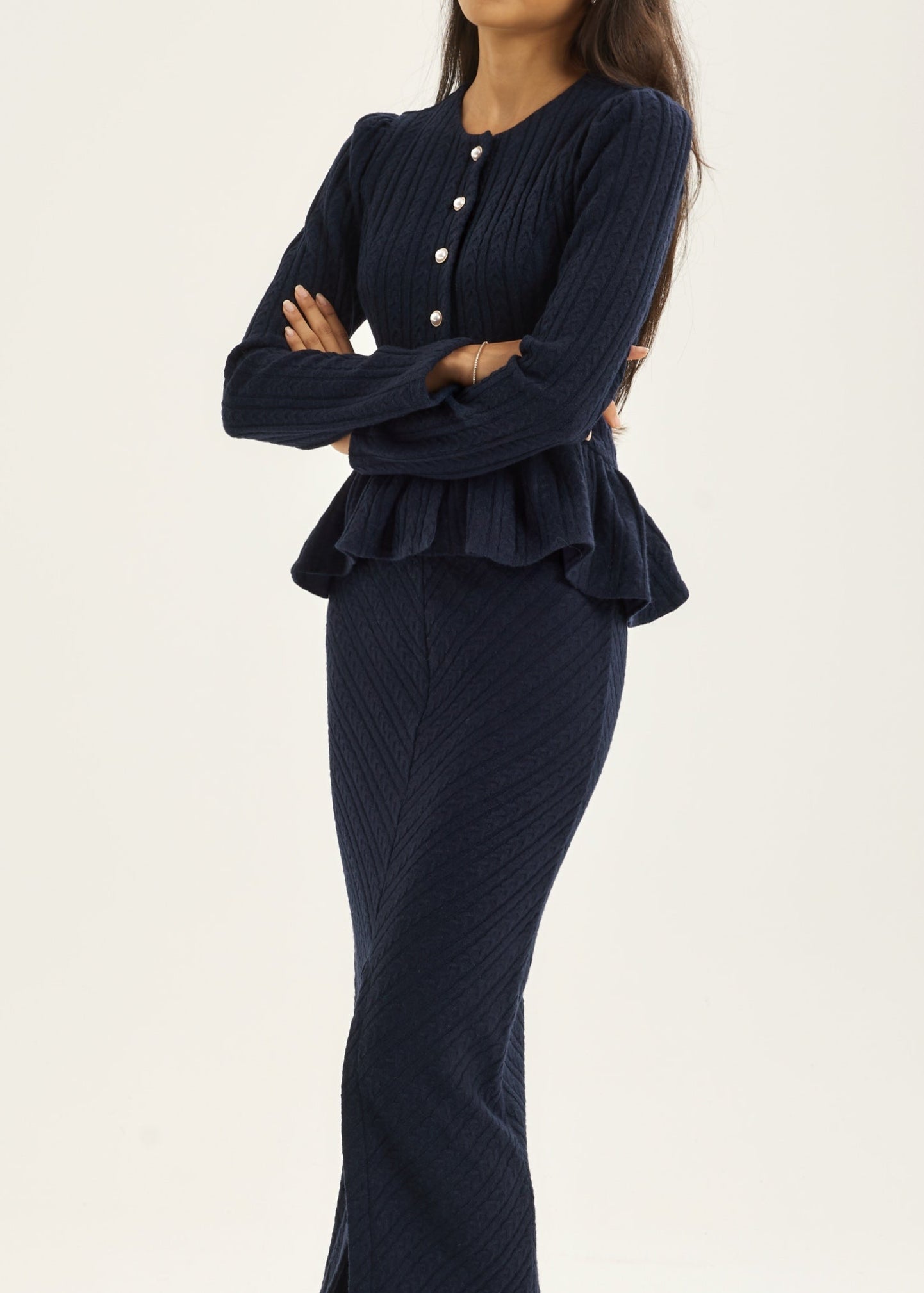 Daria Cable Knit Peplum Cardigan | Navy