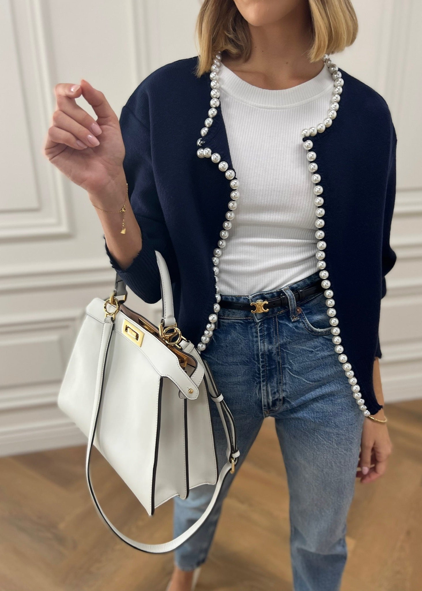 Isabella Pearl Edge Cardigan | Navy