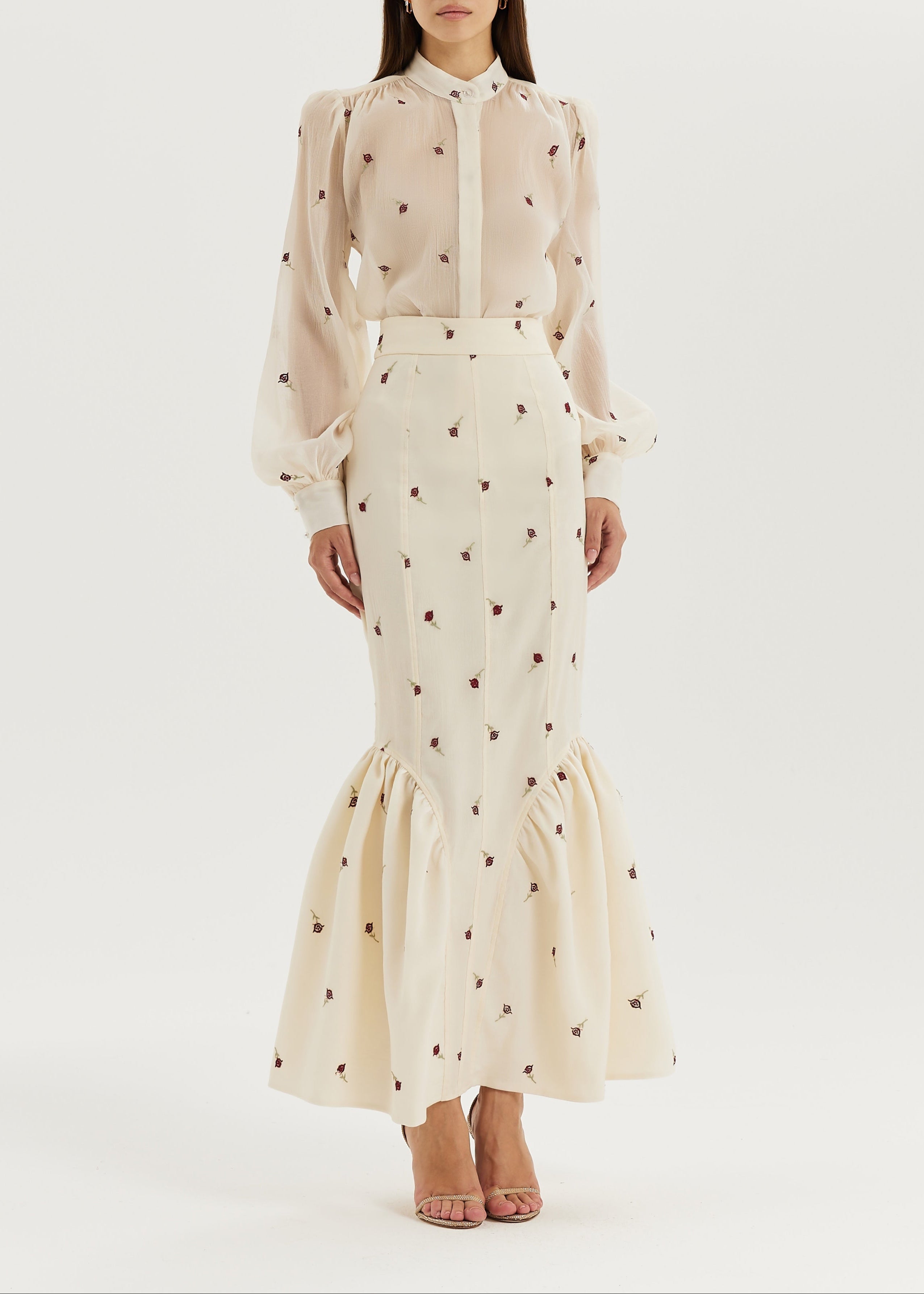 Sophia Panelled & Peplum Pencil Skirt | Ivory/Red