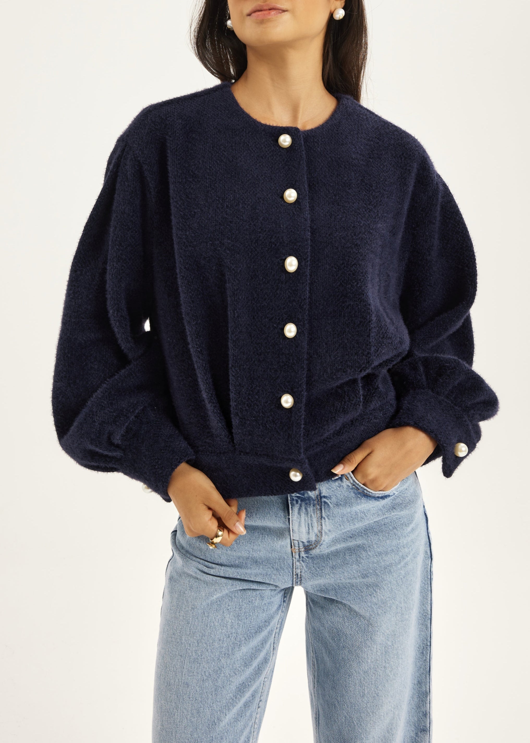 Matilde Pearl Button Soft Knit Cardigan | Navy