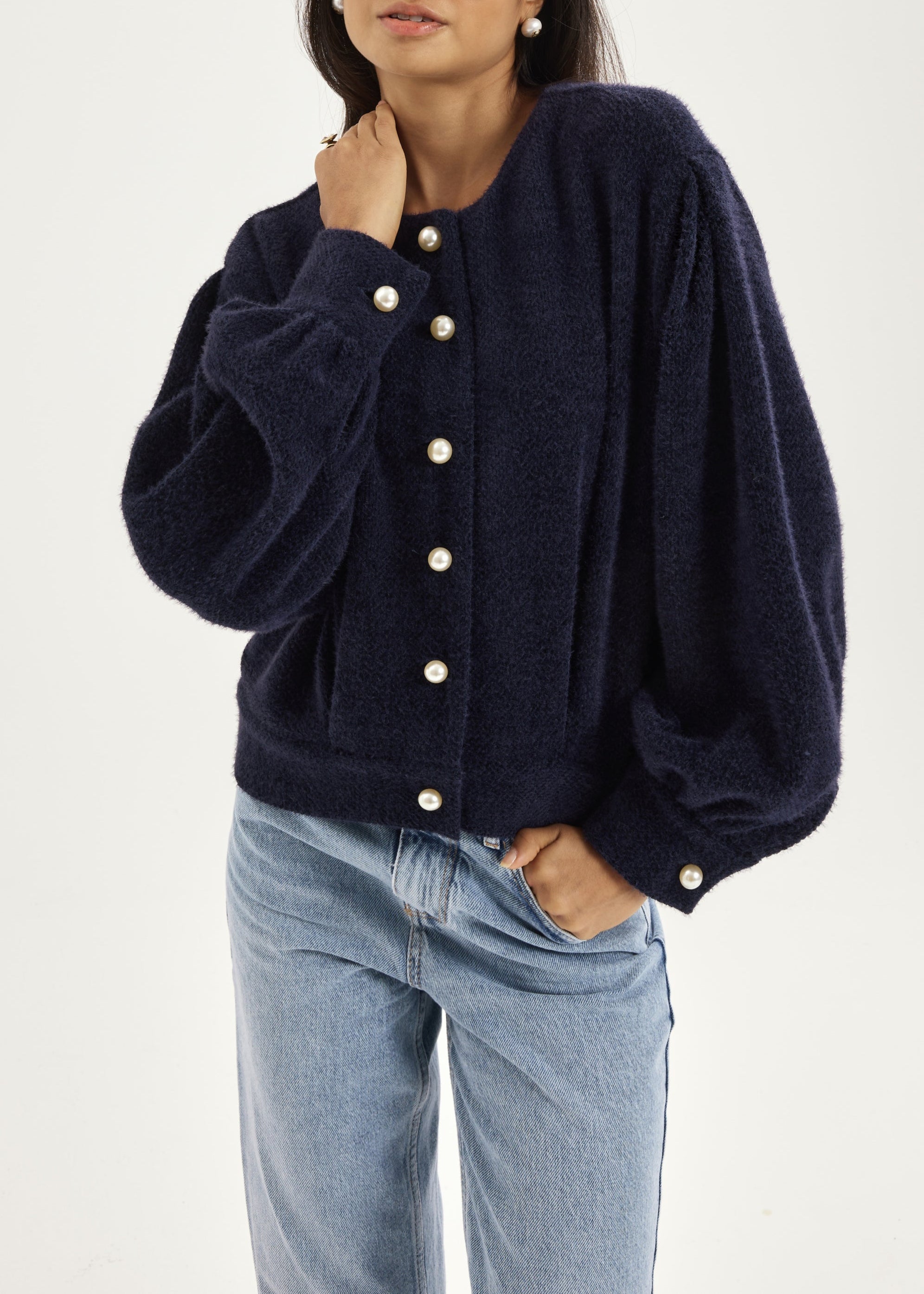 Matilde Pearl Button Soft Knit Cardigan | Navy