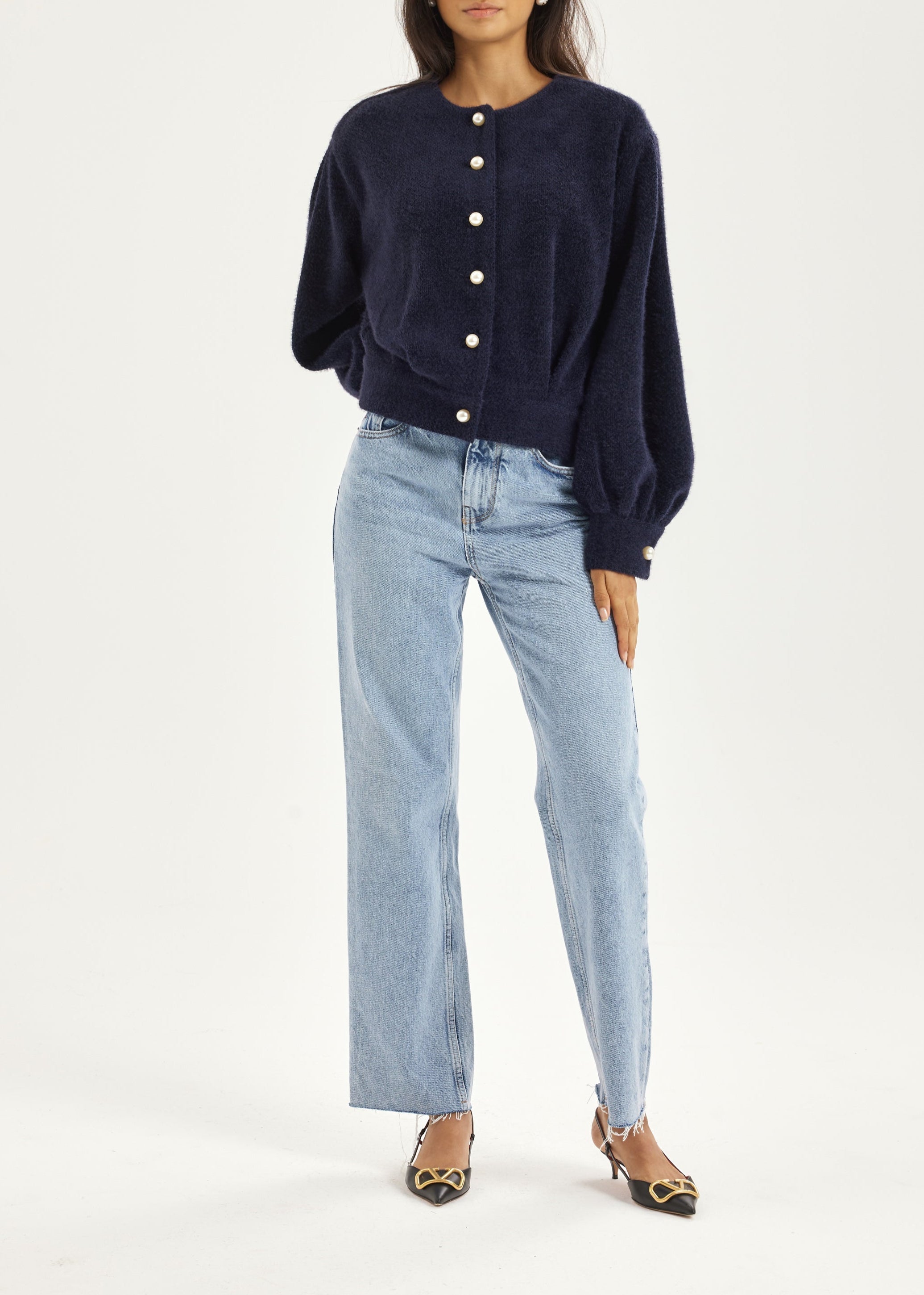 Matilde Pearl Button Soft Knit Cardigan | Navy