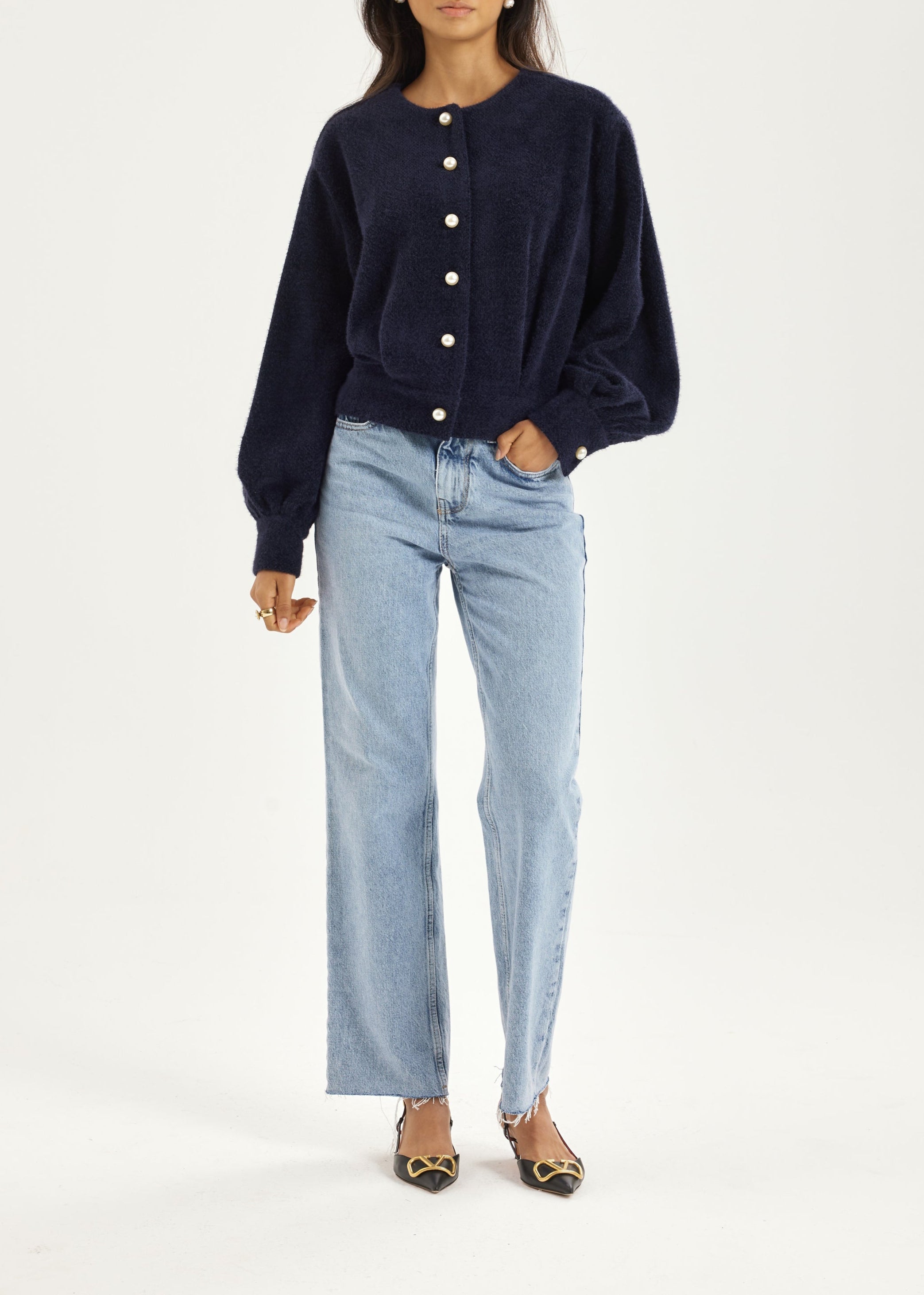 Matilde Pearl Button Soft Knit Cardigan | Navy