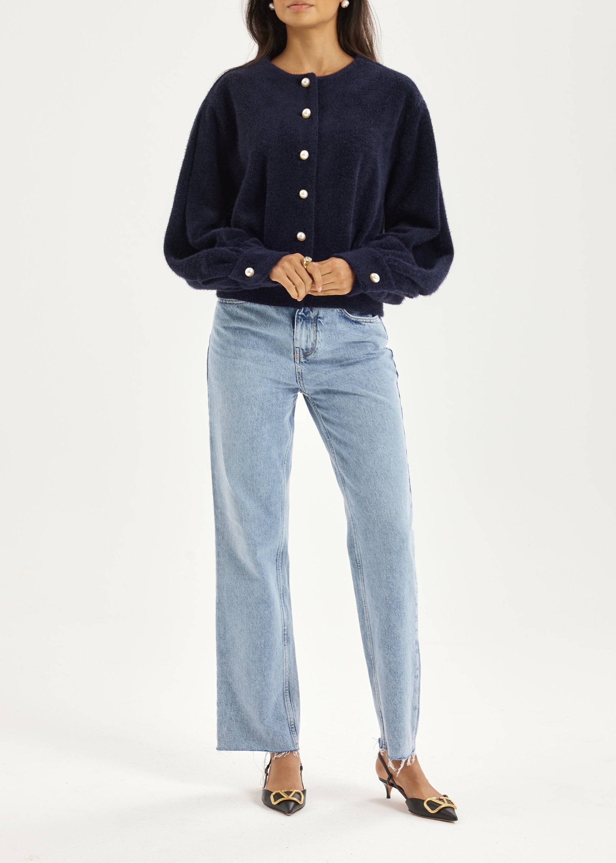 Matilde Pearl Button Soft Knit Cardigan | Navy