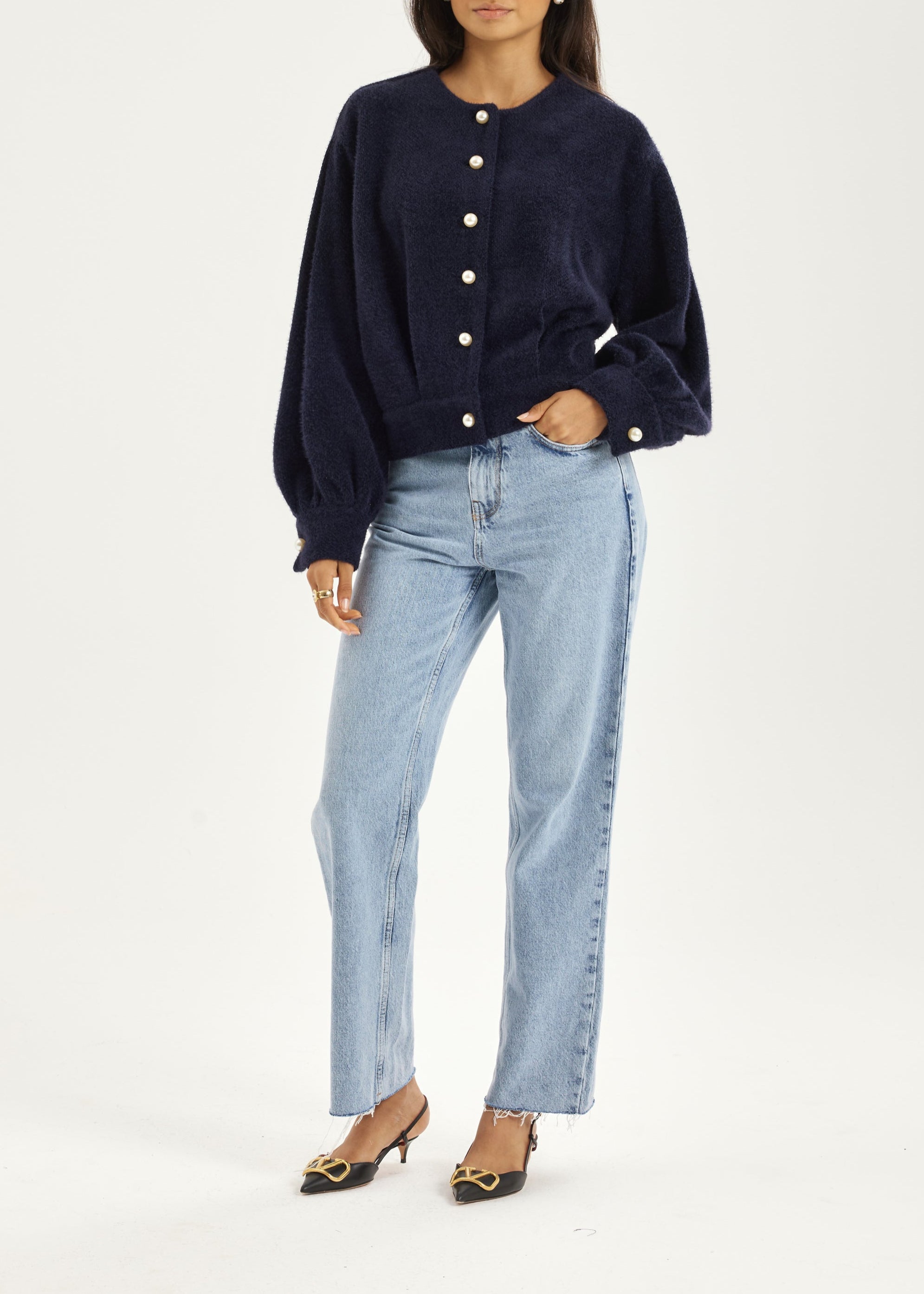 Matilde Pearl Button Soft Knit Cardigan | Navy