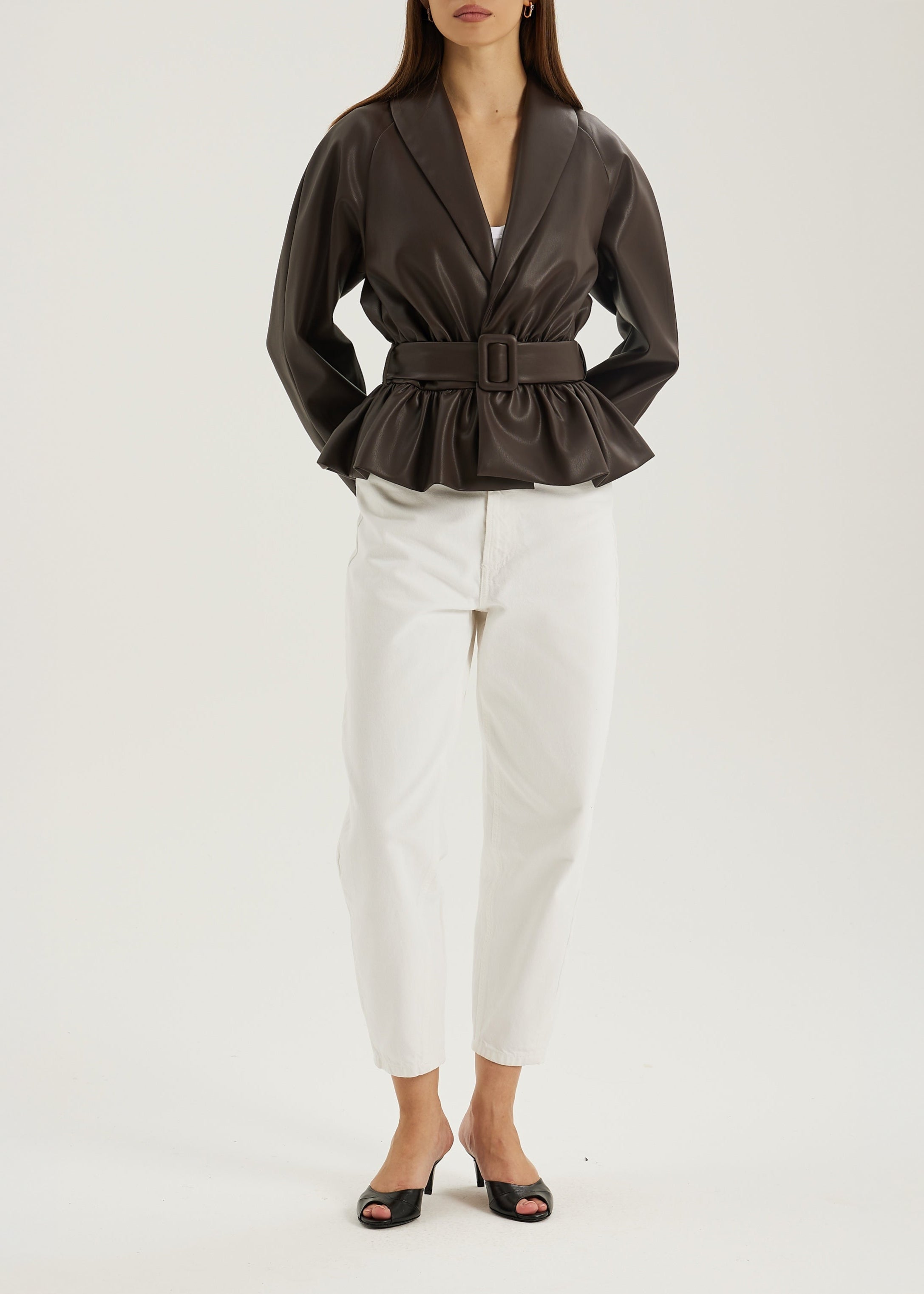 Renee Peplum Belted Jacket | Dark Brown