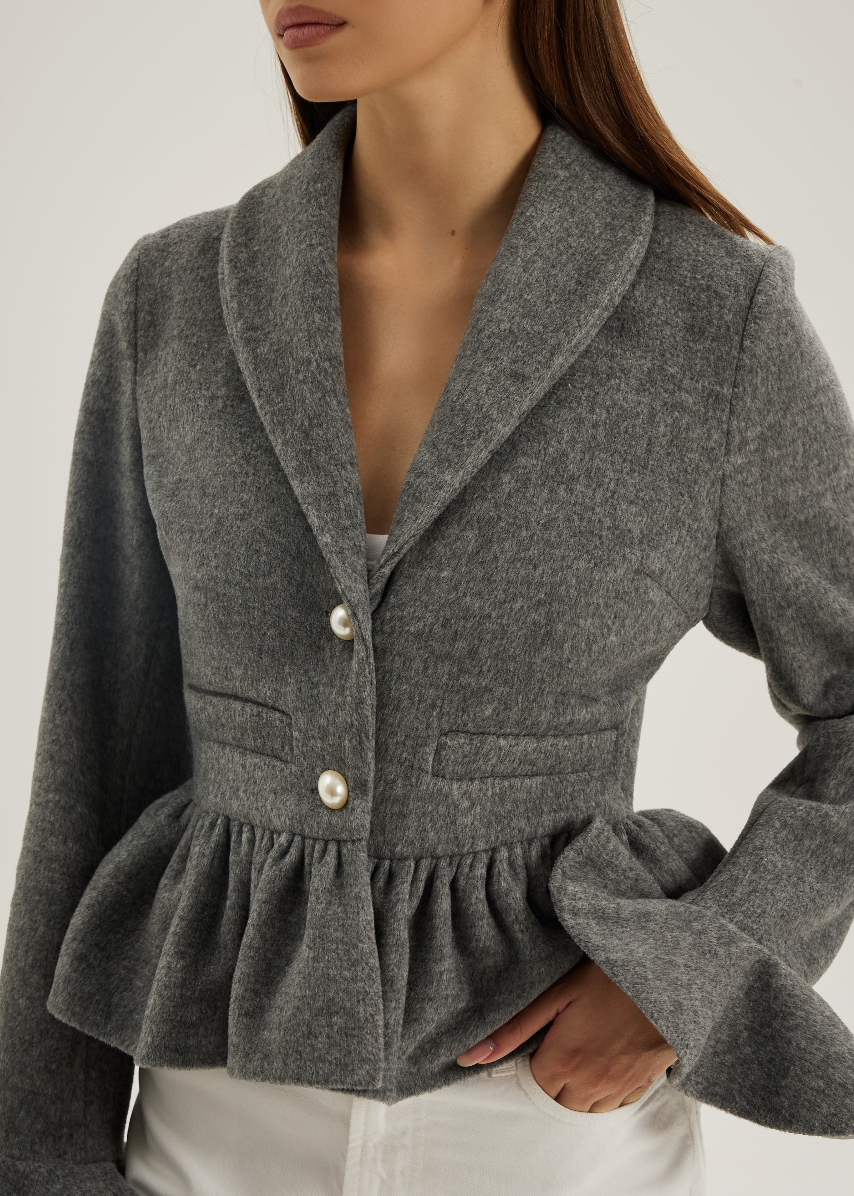 Syenna Wool Pearl Button Jacket | Grey