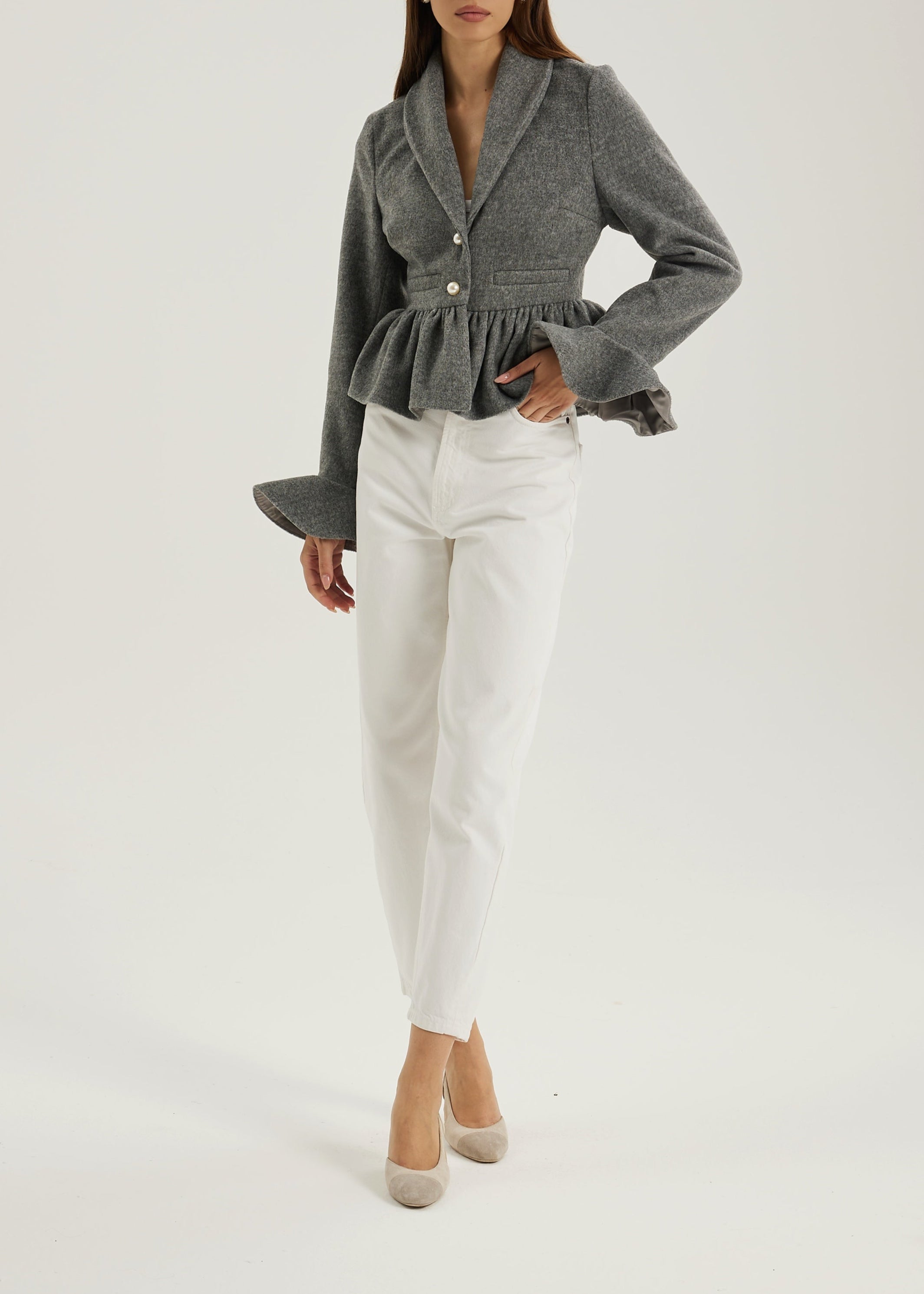 Syenna Wool Pearl Button Jacket | Grey