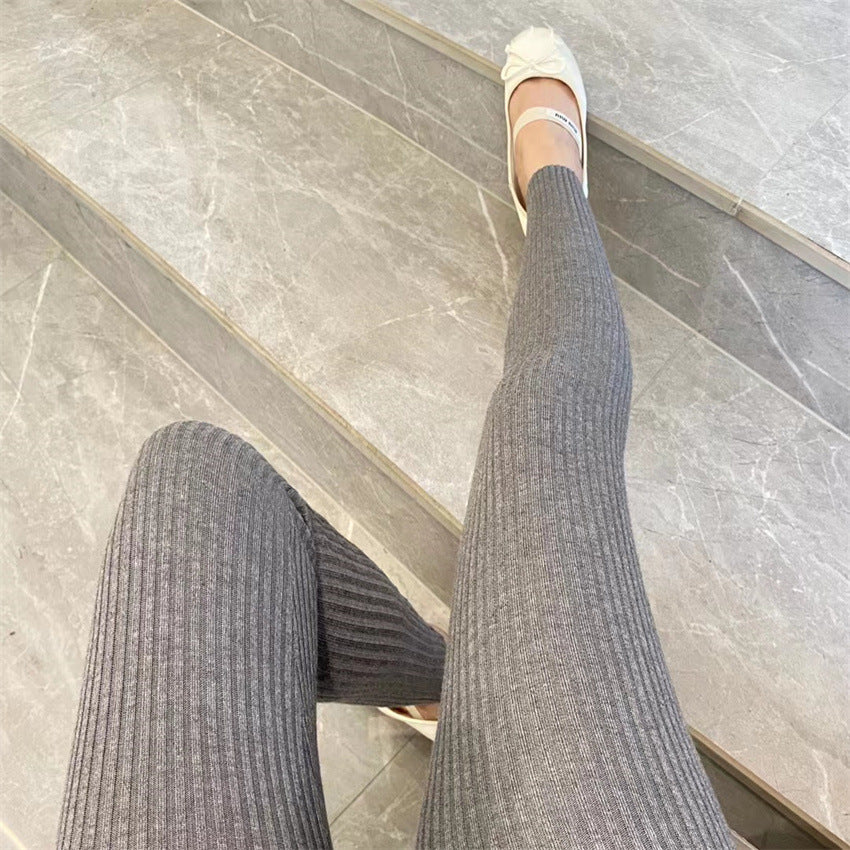 Ribbet naadloze tights med høy midje – Creme